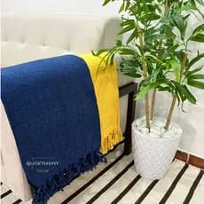 Kit 2 Mantas Grande Sofa Cama Amarelo Azul Decorativa Algodão Artesanal Protetora Moderno Rustico