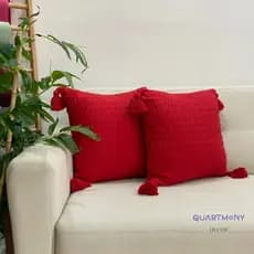 Kit 2 Capas Almofada Pompom Vermelho Algodão Macrame Decorativa Artesanal Boho Estilo Rustico