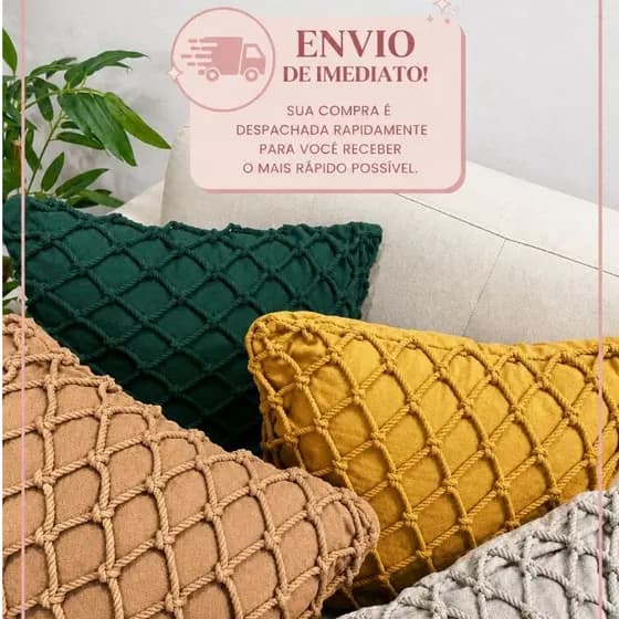 Capa de Almofada 45x45 Cordao Trançada Luxo Decorativa Artesanal Algodao Boho Rustico Moderna Sofa