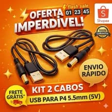 Kit 2 Cabos USB P4 5V 5.5mm x 2.1mm Macho – Para Fonte Carregador 50cm