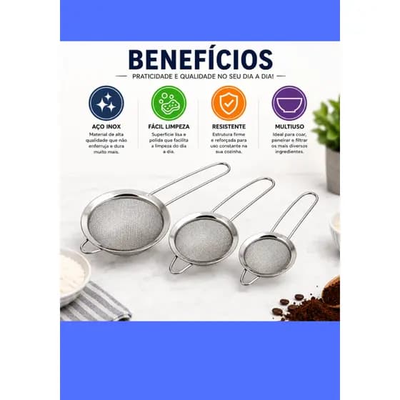 Kit 3 Peneiras Inox Malha Fina Coador 6cm 8cm 10cm Para Cozinha, Chá, Sucos