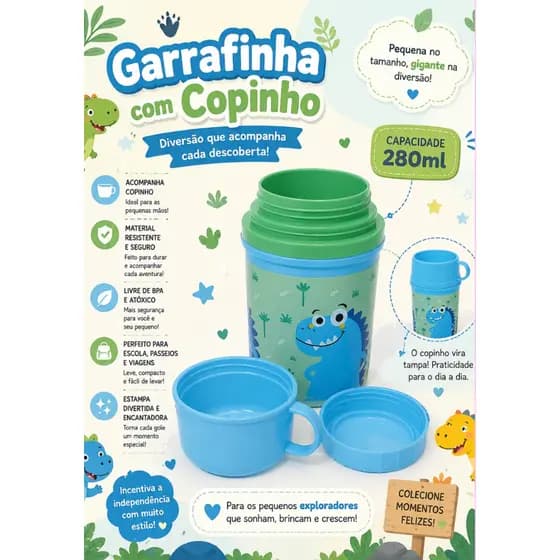 Garrafinha Infantil 280ml com Copinho Tampa |Livre de BPA|Garrafa para Escola, Passeio, Viagem Capivara/Nuvem/Dinossauro
