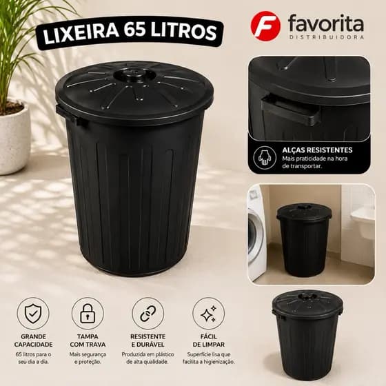 Lixeira Cesto Grande 65 Litros Multiuso - Preto Com Alças e Tampa TOY CF65PT