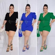 Macaquinho Plus Size Short Saia Manga Princesa com Cinto Elegante e Confortável