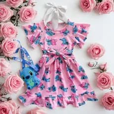 Vestido Rosa Infantil Para Meninas Stitch