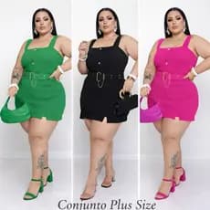 conjunto plus size com cinto shorts saia blusa