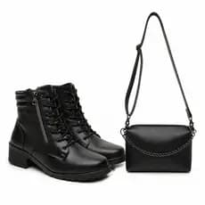 Coturno Feminino Salto Baixo Casual Confortável Leve + Bolsa De Ombro Com Corrente