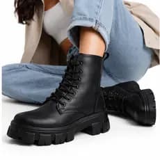 Coturno Preto Bota Feminino Tratorado Urbano Tendência Militar Solado Robusto Cano Baixo