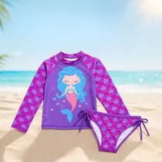 Conjunto manga longa menina blusa + calcinha estampa natação praia piscina proteção solar Sereia violet