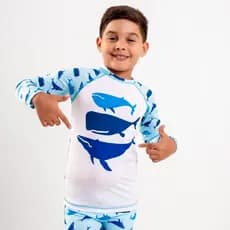 Conjunto manga longa blusa + sunga estampado menino moda praia natação piscina baleia proteçaõ uv50+