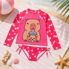 Conjunto capivara biquíni manga longa infantil, moda praia menina 2 A 12 anos, proteção solar uv50