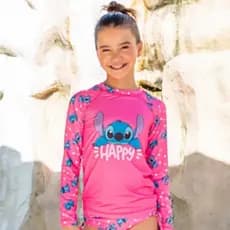 Conjunto menina Praia  Rosa Proteção UV50+ Roupa de Banho Manga Longa praia piscina sol Rosa happy