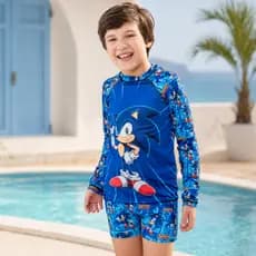 Conjunto manga longa proteção uv 50 blusa + sunga moda praia piscina biquini natação menino sonic