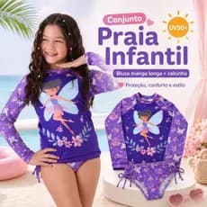 conjunto infantil uv50+ manga longa blusa calcinha estampada natação praia piscina fada lilás