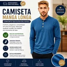 Camisa Masculina Gola Padre Henley Slim Manga Longa