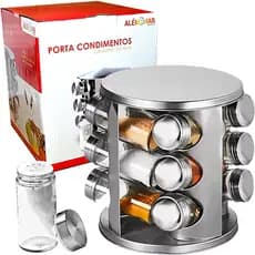 Porta tempero de inox com 12 potes de vidro giratório condimento ALEM MAR