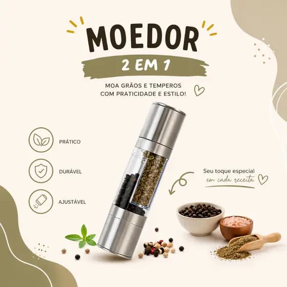 Moedor Manual e Ajustável de Pimenta Temperos 2 em 1 Inox