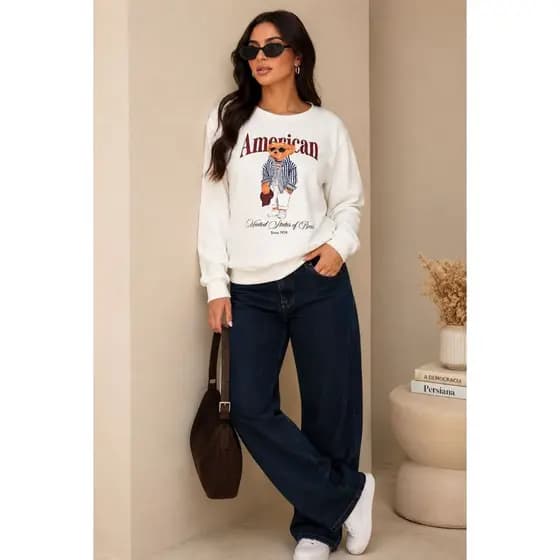 Moletom Off White Ursinho Fashion com Estampa Vintage Premium – Tamanho Único