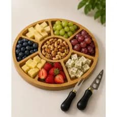 Kit Petisqueira Redonda MDF 7 Divisórias com Garfo para Petisco e Faca para Queijo | Tábua de Frios e Aperitivos