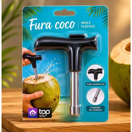 Abridor de Coco Verde Fura Coco em Aço Inox com Cabo Anatômico e Limpador Interno Ferramenta para Água de Coco