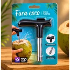 Abridor de Coco Verde Fura Coco em Aço Inox com Cabo Anatômico e Limpador Interno Ferramenta para Água de Coco