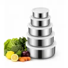 Kit 5 Tigelas Inox com Tampa Plástica – Potes Organizadores Empilháveis para Armazenamento de Alimentos