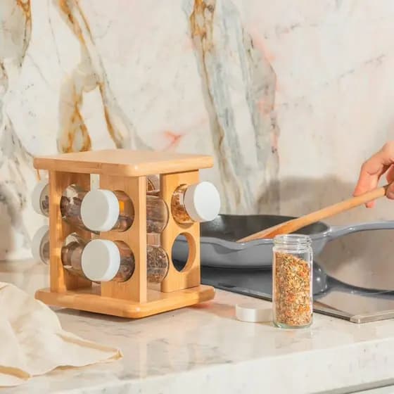 Porta Temperos Giratório Bambu Organizador Condimentos Madeira Pote Vidro Resistente