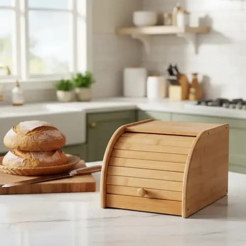 Porta Pão de Bambu Cesto com Tampa Basculante Organização Cozinha Bancada Despensa Armário