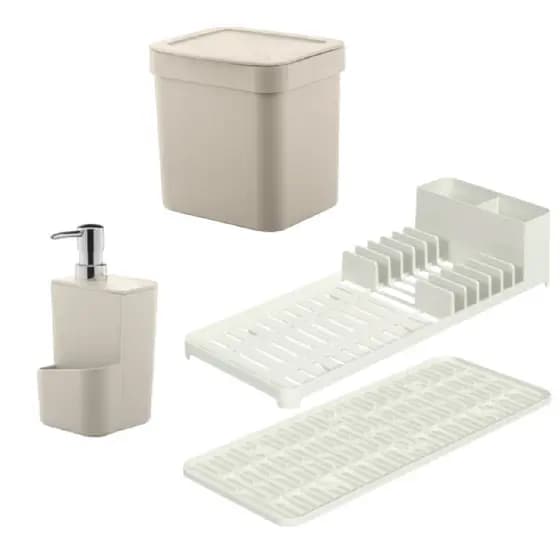 Kit Escorredor Com Tapete Lixeira 4,7 Litros Dispenser Bege