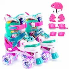 Patins Infantil Sereia Rosa/Verde 4 Rodas Regulável com luz de LED Com e Sem Kit de Segurança