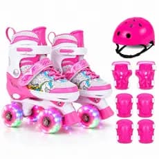 Patins Infantil Unicórnio Rosa 4 Rodas Regulável com luz de LED Colorido Com e Sem Kit de Segurança