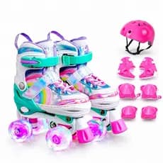 Patins Infantil Arco Íris Rosa/Verde 4 Rodas Regulável com luz de LED Com e Sem Kit de Segurança