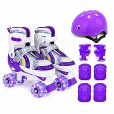 Patins Infantil Arco Íris Roxo 4 Rodas Ajustável com luz de LED Com e Sem Kit de Segurança