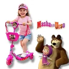Patinete Masha e o Urso Infantil Musical Cestinha Luzes 3 Rodas