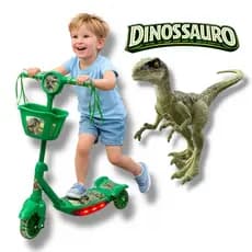 Patinete Dinossauro Infantil Verde Musical Cestinha Luzes 3 Rodas