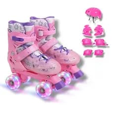 Patins Infantil Rosa Premium Tradicional 4 rodas Leds Ajustável Com ou Sem Kit Segurança
