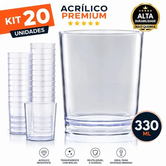 20 Copo Acrilico de Whisky de Negroni de Caipirinha Gelo Liso 330ml