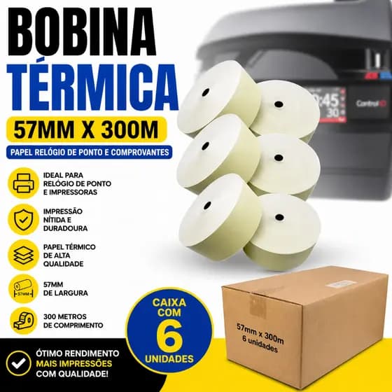 06 Bobina Relógio De Ponto Térmica 57x300 57mm x 300M Comprovante Caixa com 6 Unidades