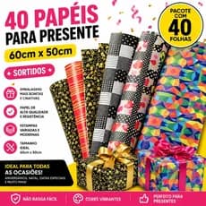 40 Papéis Presente 60x50 Sortidos Kit Embalagem Colorida Folha Grande Estampas Variadas