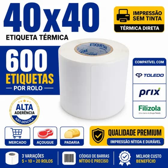 Etiqueta Térmica 40x40 Balança Toledo Prix Filizola Mercado 5 10 20 Rolos