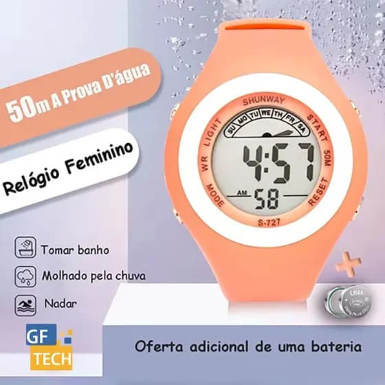 Relógio Digital Feminino À Prova D'Água LED Com Despertador Cronômetro Esportivo Redondo Original