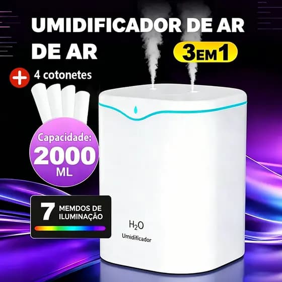 2 L Grande Umidificador De Ar Aromatizador Com 2 Saídas De Ar E LED Multifuncional