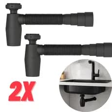 Kit 2 Unidades Sifão Copo Sanfonado Extensivo Preto Universal Pia Cozinha Banheiro