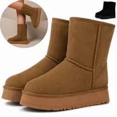Bota Feminina Cano Médio Pantufa Forrada Camurça Peluciada Salto Plataforma