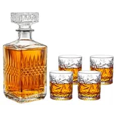 Kit Garrafa de Whisky Decanter Licor 1L 4 Copos de Vidro Baixo Relevo Luxo 280mL