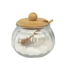 Açucareiro Porta Condimentos De Vidro Com Colher e Tampa De Bambu 230ml