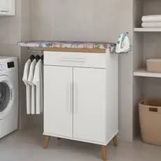 Tábua Mesa Passar Roupa  Armário Multiuso Lavanderia 2 Portas Gaveta Madeira Retro Organizador Ferro de Passar Pé Palito