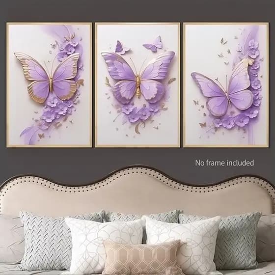 Quadro Borboleta Lilás Floral 3 Peças Decoração Quarto e Sala Hall Consultório Arte Moderna 3 D