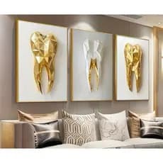 Kit 3 Quadro Decorativo Dente Odontologia Luxo Dourado Branco Para Clínica Dentista Consultório