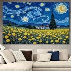 Quadro Decorativo Sala Grande 1 peça Flores Sob Céu Estrelado estilo Van Gogh Decoração para Sala Quarto Hall corredores